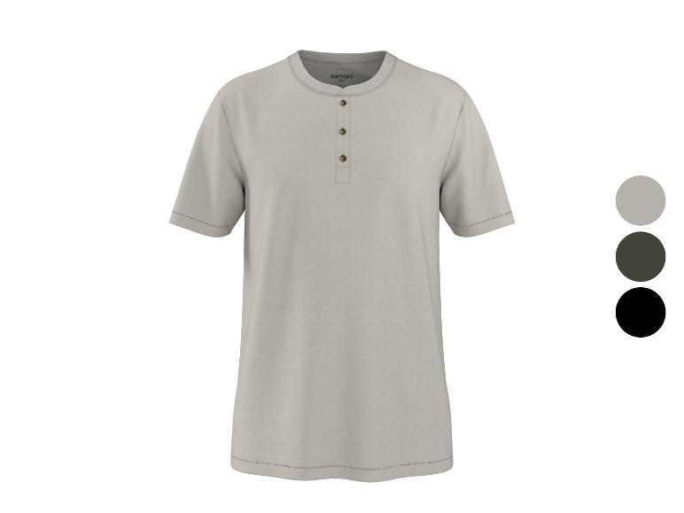 T-shirt Henley à manches courtes pour homme en gris clair avec boutons et trois options de couleur.