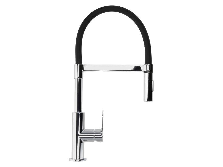 Robinet de cuisine chromé avec bec flexible noir.