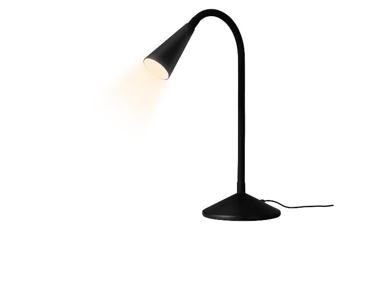 Lampe de bureau noire avec bras flexible et lumière allumée.