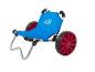Flotteur de kayak pliable avec roues rouges et siège bleu.