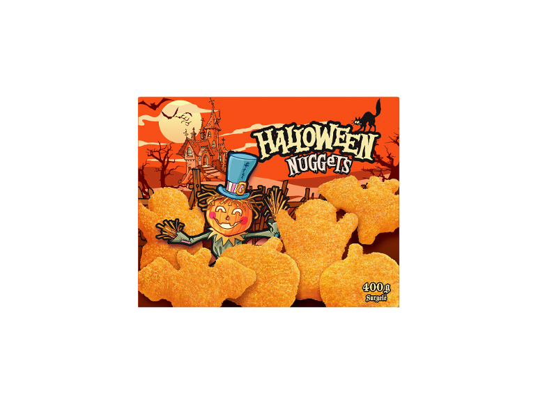 Nuggets de poulet d'Halloween en forme de citrouille, chauve-souris et fantôme, 400g.