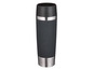 Une thermos noire avec un design de café et des vagues.