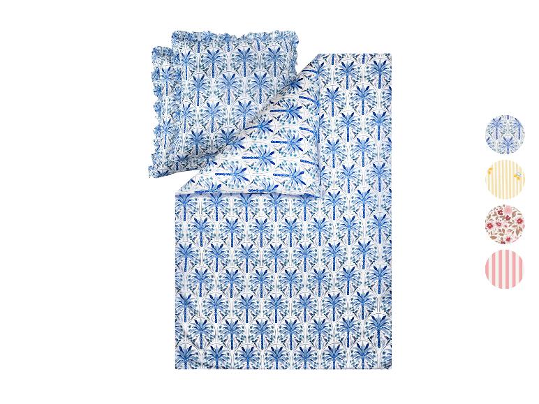 Parure de lit avec motif palmier bleu et taies d'oreiller à volants, avec options de couleur.