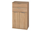 Une armoire en bois avec deux tiroirs et deux portes.