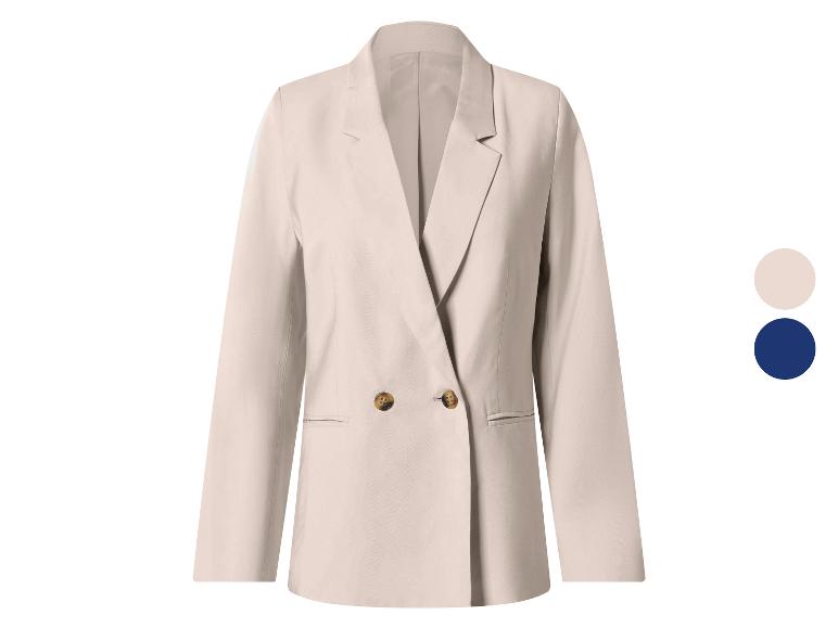 Blazer croisé beige clair avec boutons et deux options de couleur.