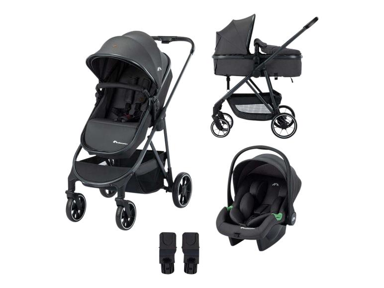 Ensemble poussette modulaire 3 en 1 gris foncé avec adaptateurs.