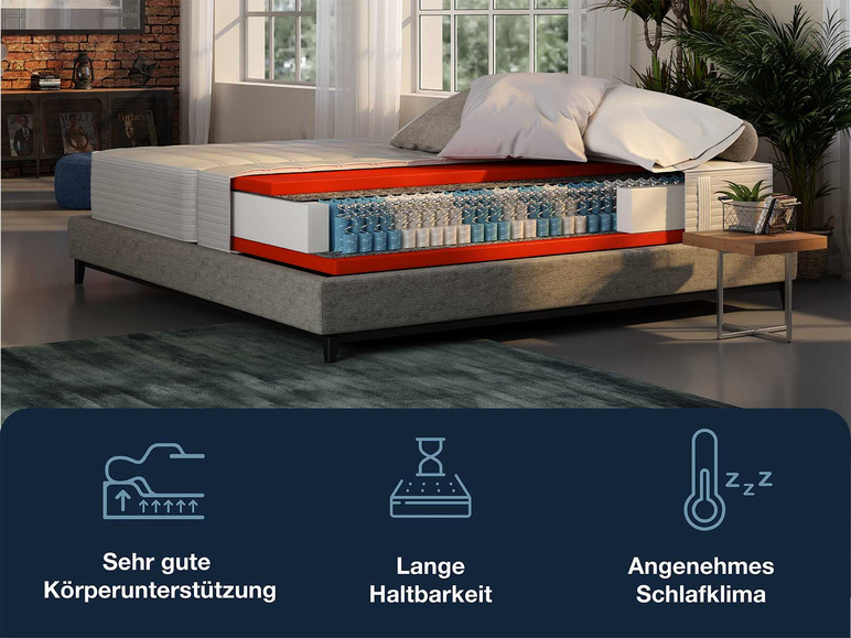 Un matelas avec un noyau de ressorts visible et une couche de mousse.
