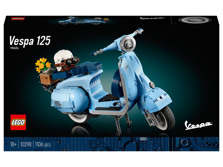 Boîte Lego avec un scooter Vespa 125 bleu