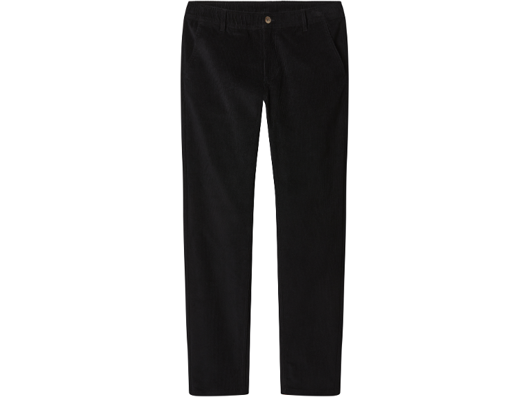 Pantalon en velours côtelé noir avec taille élastique et bouton.