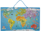 Carte du monde en bois pour enfants avec animaux et monuments.