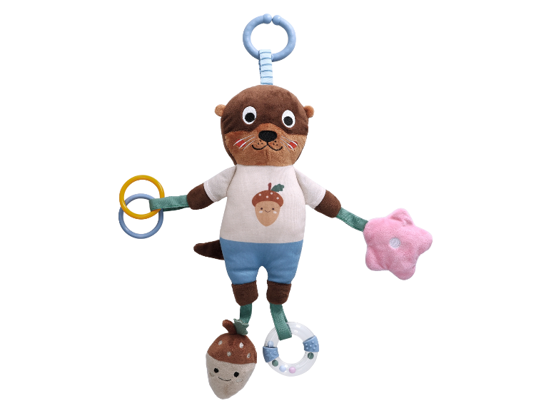 Adorable jouet d'éveil en forme de loutre pour bébé, avec anneaux et autres accessoires.