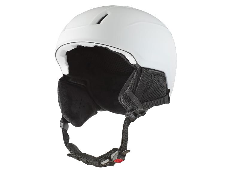 Un casque de ski blanc avec une sangle noire.