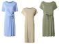 Trois robes pour femmes en bleu, beige et vert olive.