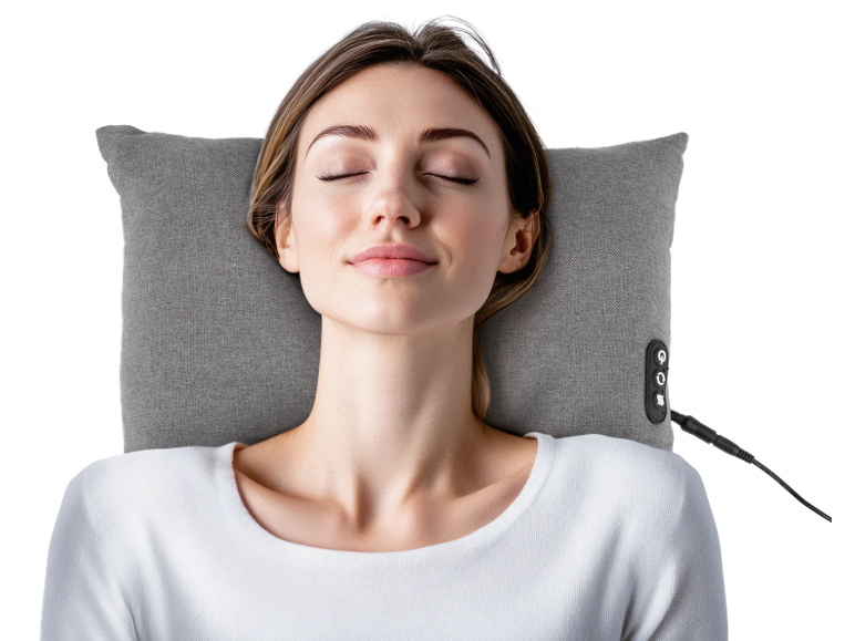 Femme allongée sur un coussin de massage cervical chauffant gris