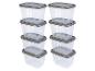 Six boîtes de conservation en plastique transparent avec couvercles gris.