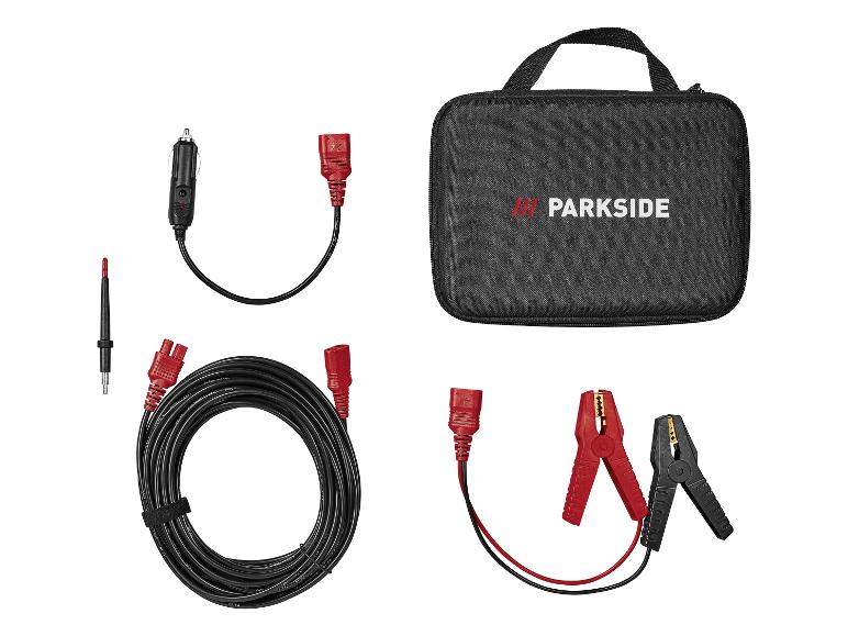 Ensemble de câbles et accessoires de voiture PARKSIDE, incluant une mallette de transport noire.