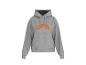 Sweat à capuche gris avec logo orange sur le devant.