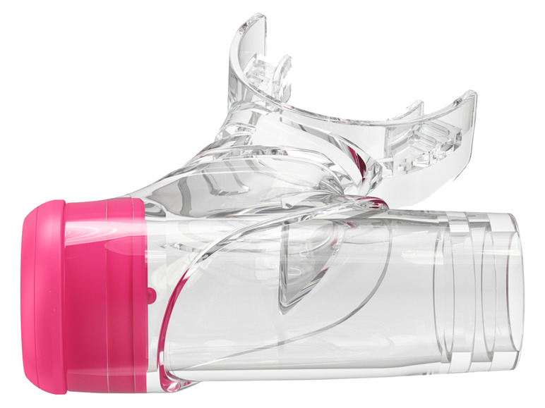 Un embout buccal de plongée rose avec un masque transparent.
