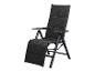 Une chaise longue noire avec un repose-pieds coulissant.