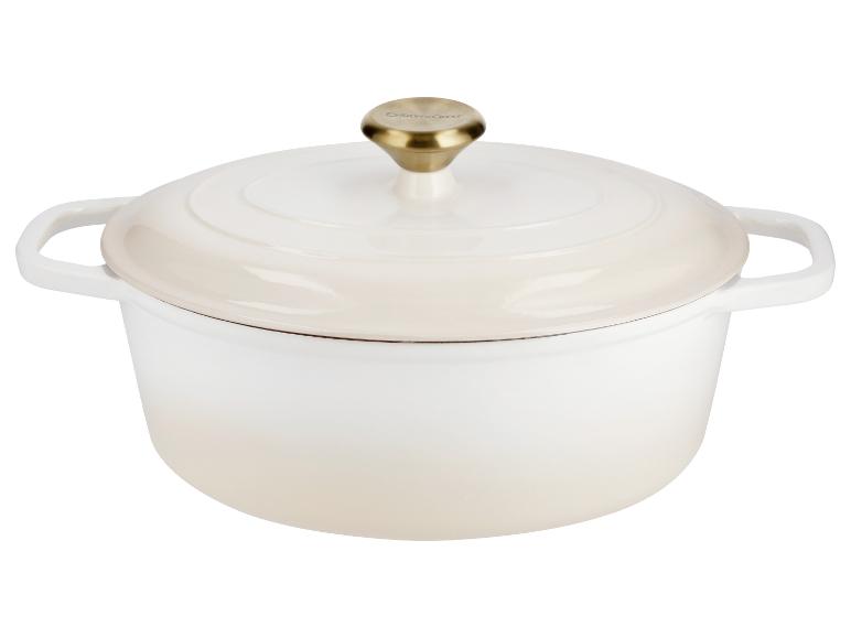 Cocotte en fonte émaillée crème avec couvercle et bouton doré