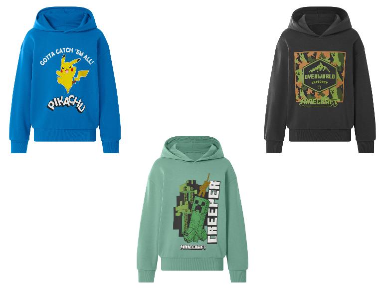 Sweats à capuche pour enfants : un bleu avec Pikachu, un vert avec Creeper et un gris avec un design Overworld.