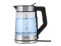 Bouilloire électrique en verre avec base en acier inoxydable et eau bleue illuminée.