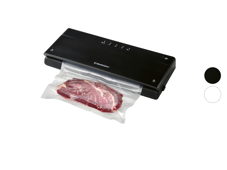 Scelleuse sous vide noire avec viande emballée, avec options de couleur noire et blanche.