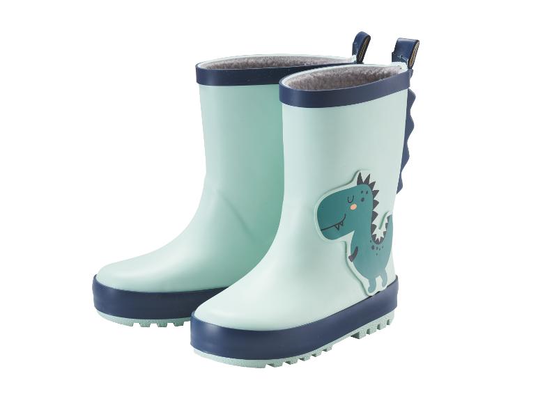 Paire de bottes de pluie pour enfants vert clair avec un motif de dinosaure vert foncé.
