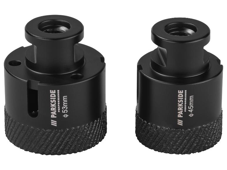 Deux scies cloches noires de 53 mm et 45 mm de diamètre.