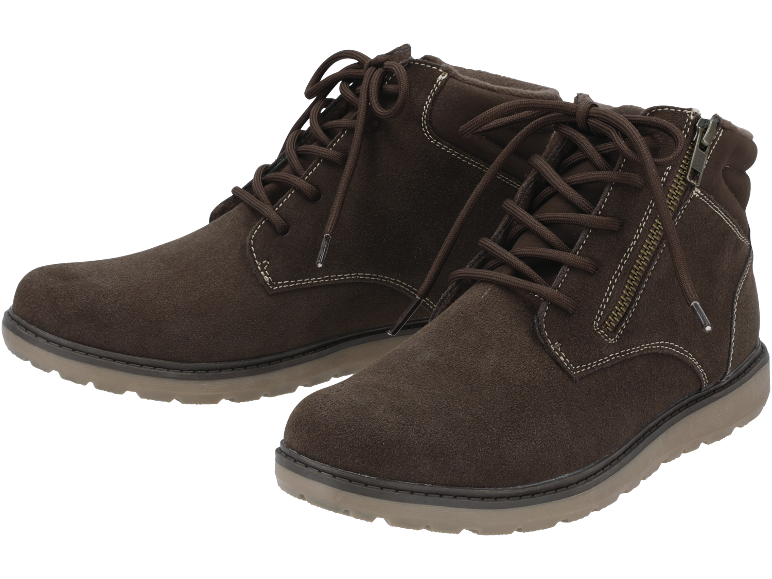 Paire de bottes lacées en daim marron avec fermetures éclair latérales et semelles claires.