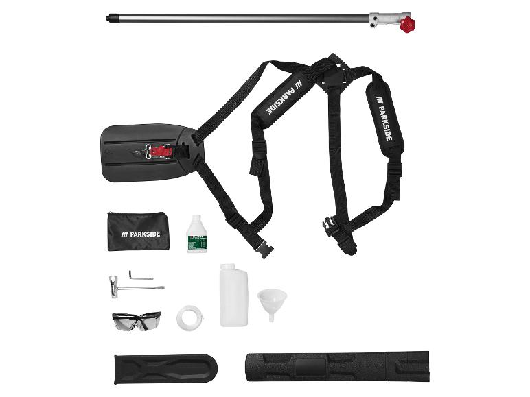 Taille-haie télescopique Parkside avec harnais, accessoires et lunettes de sécurité.