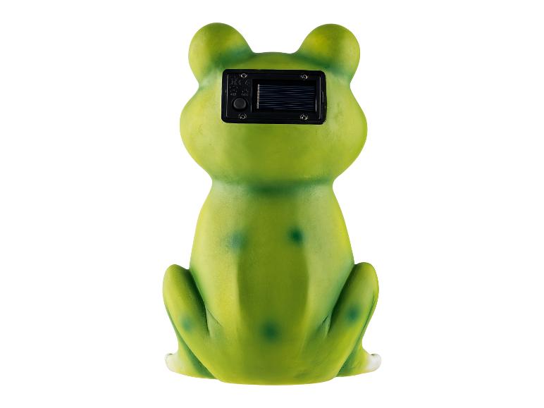 Figurine de grenouille verte avec panneau solaire sur le dos, vue arrière.