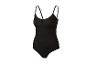 Maillot de bain une pièce noir avec décolleté en V et fines bretelles.