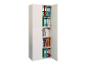 Armoire blanche aux portes ouvertes, remplie de classeurs colorés et de livres de design.
