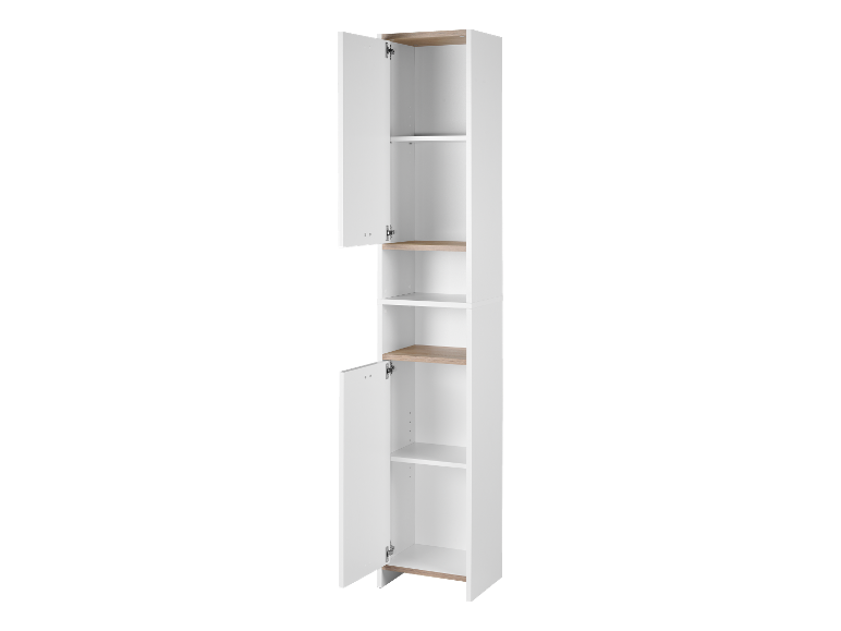 Armoire blanche haute avec étagères en bois.