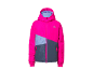 Veste de ski pour enfant rose et grise avec capuche.