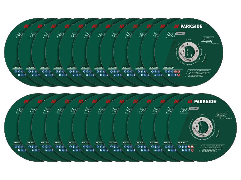 Pile de disques à tronçonner le métal verts avec avertissements de sécurité et spécifications.