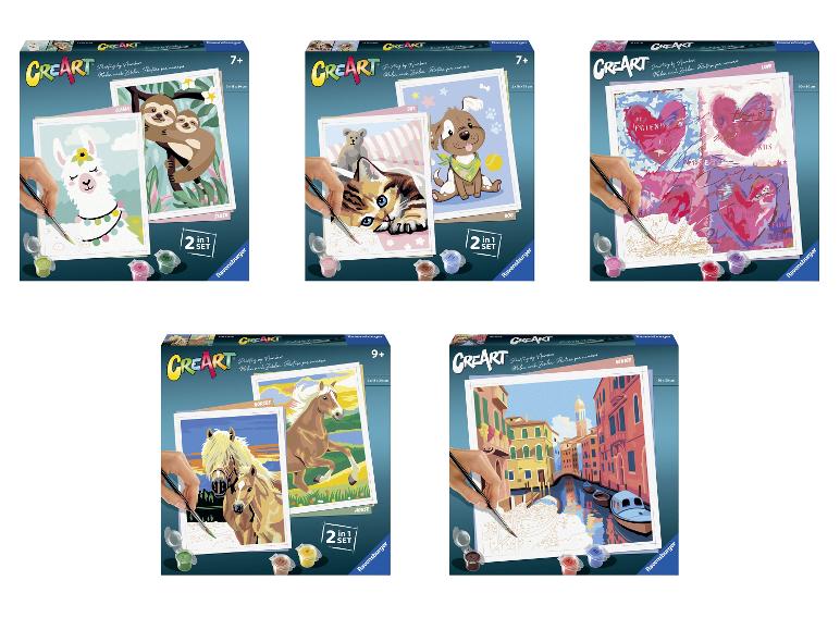 Cinq kits de peinture par numéros avec des animaux, des cœurs et une scène de Venise.