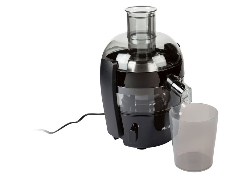 Un extracteur de jus Philips noir avec un couvercle en verre et un récipient collecteur.