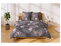 Un lit avec des draps gris et un motif floral rose