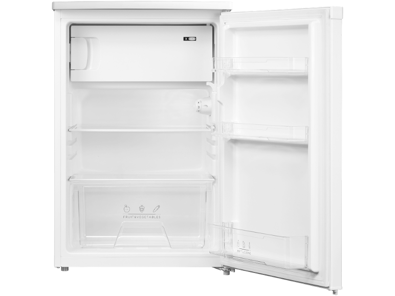 Réfrigérateur blanc ouvert avec thermostat, zone fruits/légumes et zone bouteilles.
