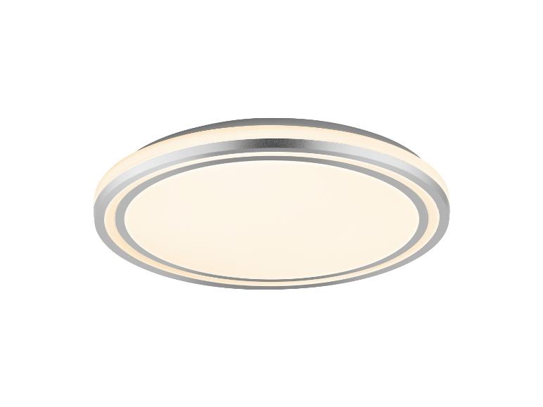 Plafonnier LED rond argenté avec surface lumineuse blanche.