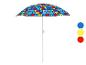 Parasol de plage coloré avec motifs géométriques en bleu, jaune et rouge.