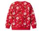 Pull rouge avec des imprimés de Père Noël, de rennes et de moufles de Noël.