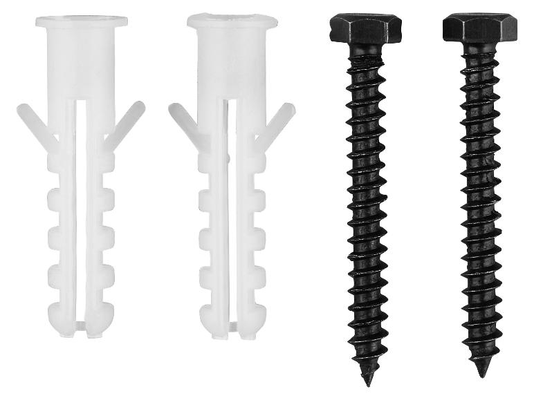 Deux chevilles blanches et deux vis noires sur fond blanc