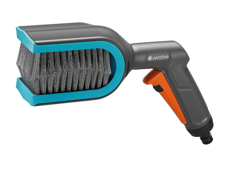 Brosse de lavage Gardena avec manche ergonomique et soies grises.