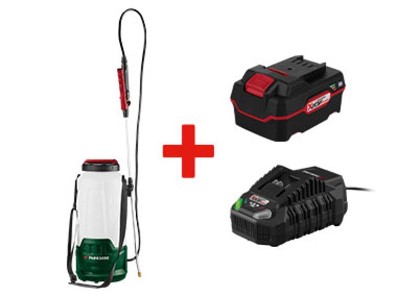 Pulvérisateur Gardena sans fil avec batterie et chargeur.