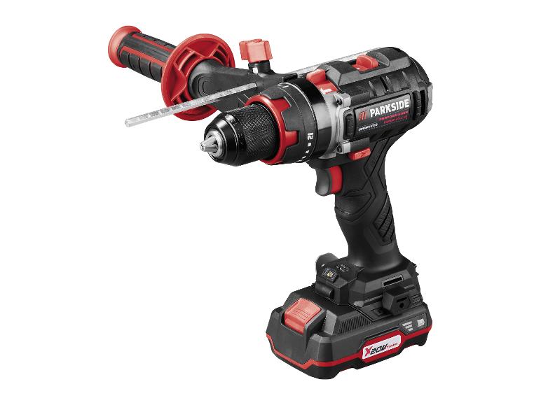 Une perceuse-visseuse sans fil Parkside Performance noire avec des accents rouges.