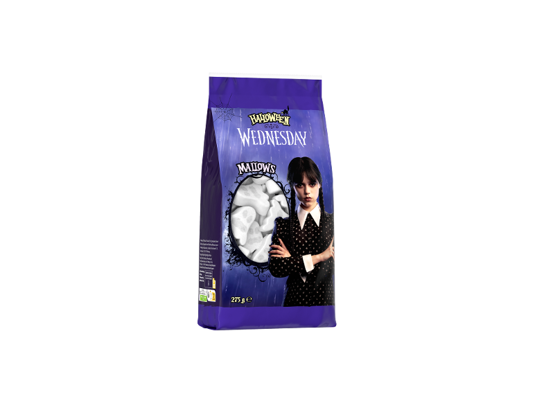 Sachet de guimauves d'Halloween sur le thème de Mercredi, avec l'image du personnage.