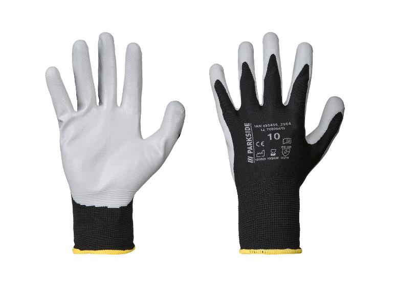 Une paire de gants de travail Parkside blancs et noirs avec logo et taille 10.